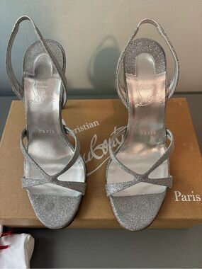 Christian Louboutin Silver Glitter Strappy Slingback Heels